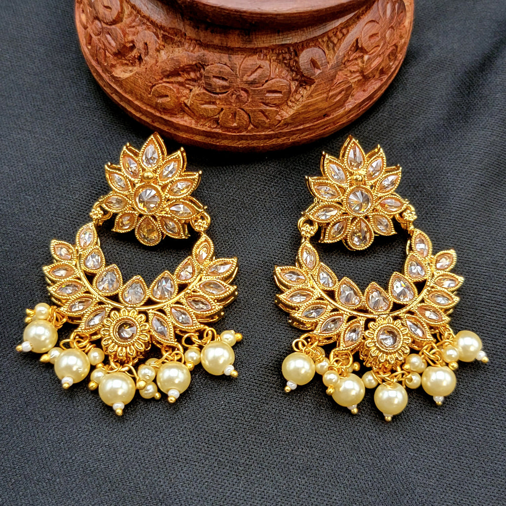 Polki LCD Champagne Stone Chandbali Earrings with Pearl