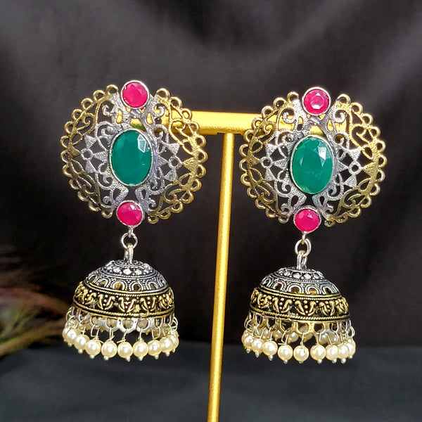 Dual Tone Oxidized Silver Jhumka Earring with ruby red  & Green stone