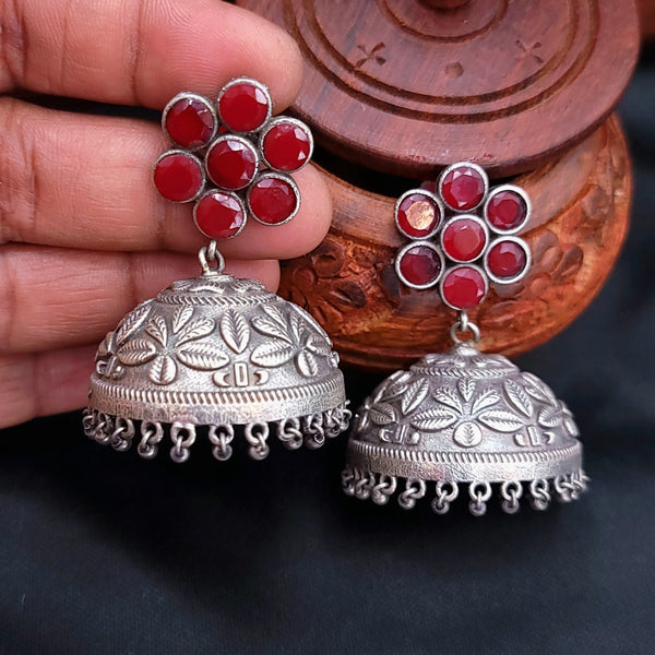 Ruby Red Silver Finish Big Size Oxidized (German) Silver Jhumka