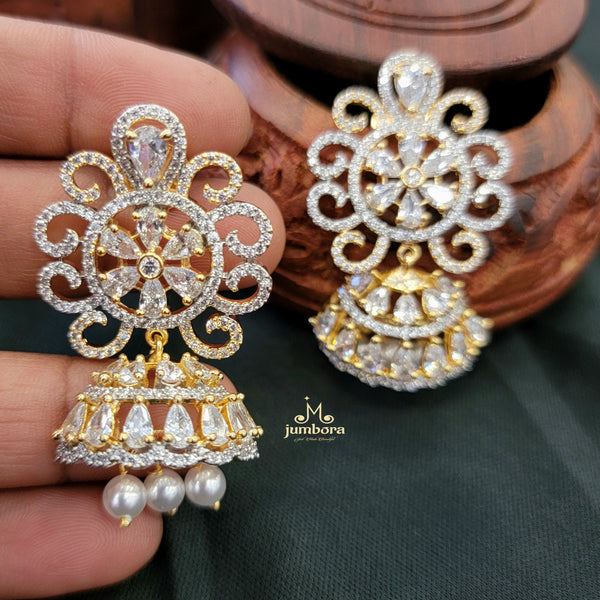 Dual Tone White AD Zircon Jhumks Earring