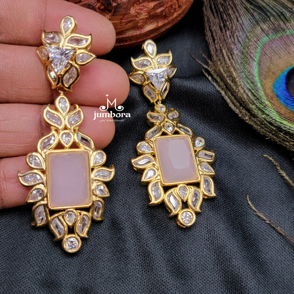 Contemporary Light Pink & White AD Zircon Jhumka Earring