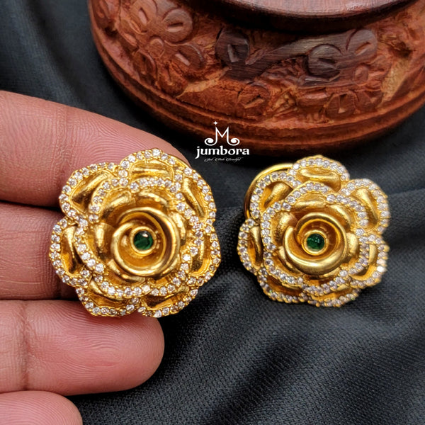 Floral Matte Gold White AD stone Stud Earring