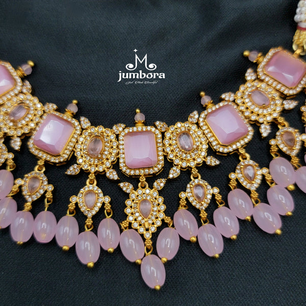 Pink Uncut Diamond Look AD Choker Style Kemp Necklace Set