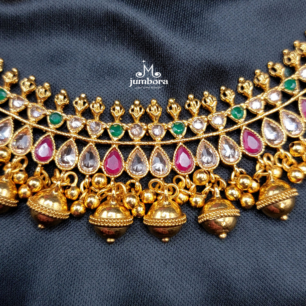 Exclusive South Indian style matte Gold necklace with Ruby Emerald stones  and Jhumka Earrings | Simple choker Indian Temple Jewelry necklace | Gift