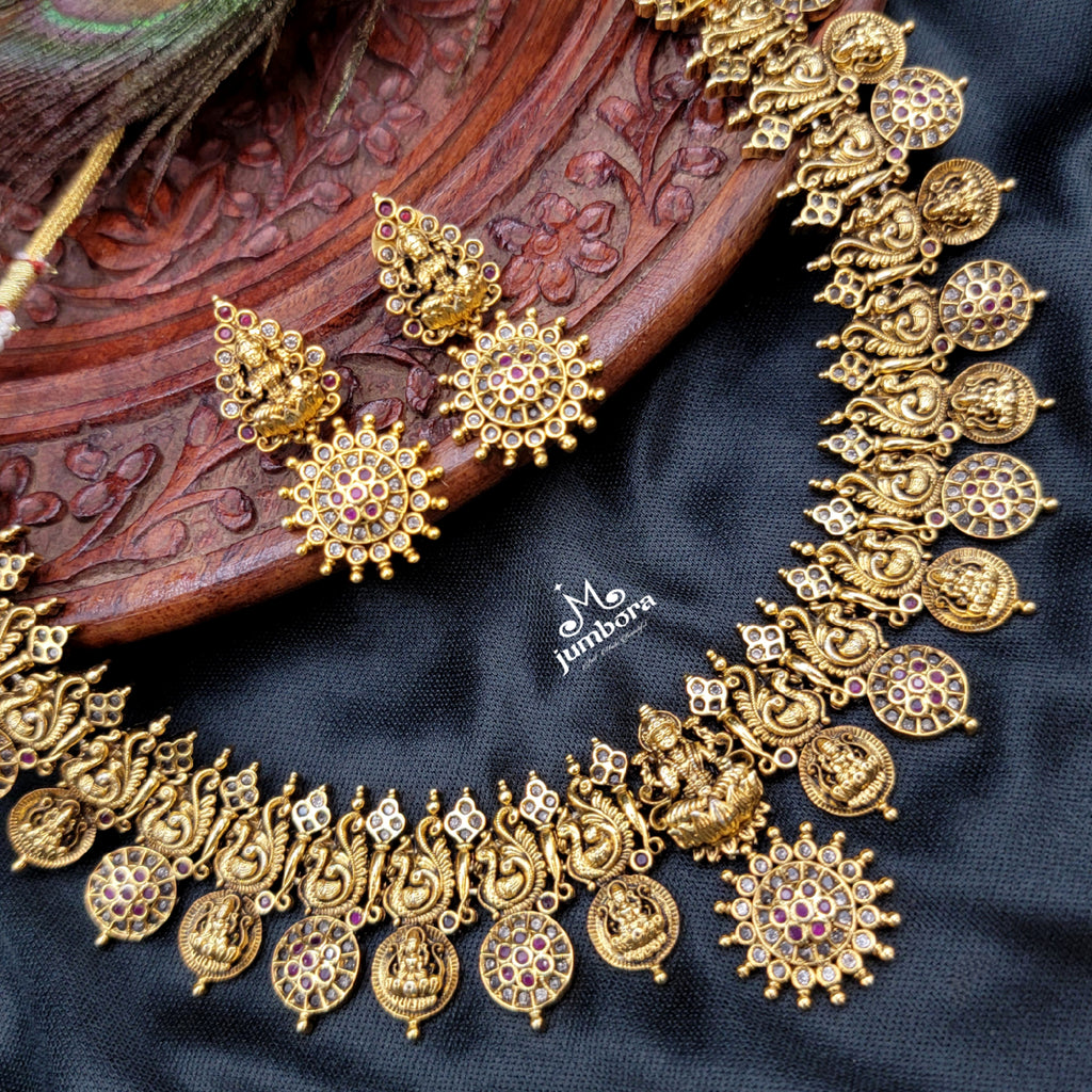 Brass Naakshi Peacock Coin Lakshmi Necklace Temple Jewelry Set