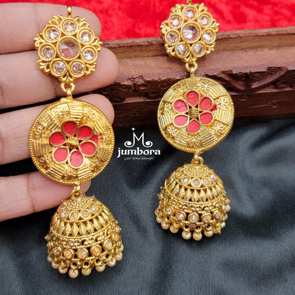 Statement Long Partywear Gold Finish Jhumka Earrings