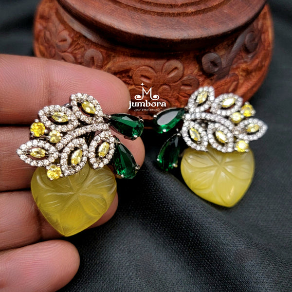 Yellow Carved Stone Victorian AD Zircon Stud Earring