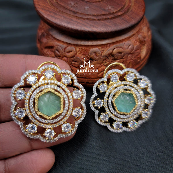 Mint Green Carved Stone AD Zircon Big Stud Earring