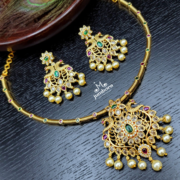 Peacock Red, Green, & White Uncut Diamond Alike Hasili Necklace Set