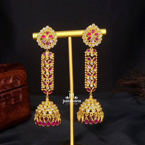 Long Ruby Red & Uncut Diamond Alike Gold AD Zircon (CZ) Jhumka Earring