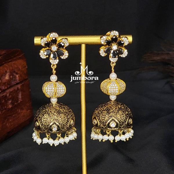 Meenakari Long Black & White AD Zircon (CZ) Jhumka Earring