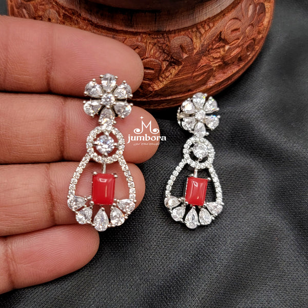 White Gold Coral Red & White AD Zircon(CZ) Earring