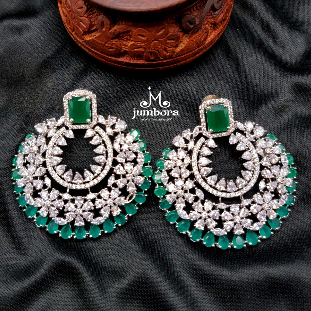 Statement Whilte & Green Zircon CZ ( AD) Chaandbali Earring