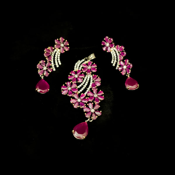 Gorgeous Victorian Ruby Red Zircon (CZ) Stone Floral Pendant Set