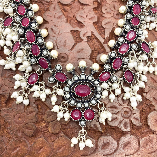 Smashing Oxidized Silver Necklace with Ruby Red and Cluster Pearls