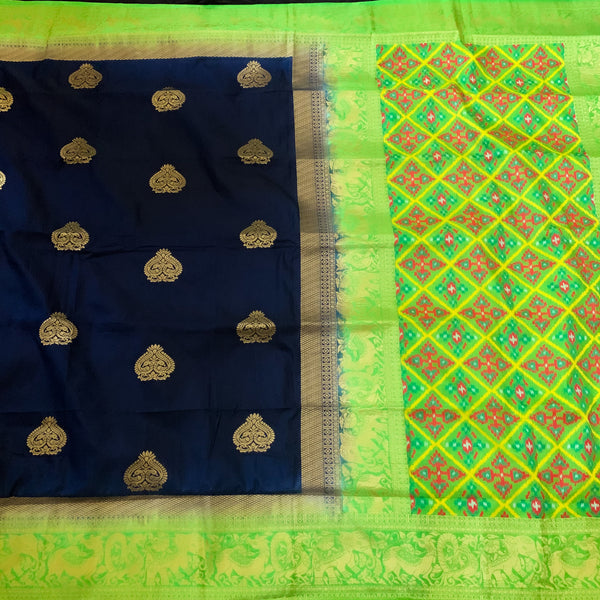 Designer Navy Blue Semi Banarasi Silk Saree with Patola Weaving and parrot Green Border