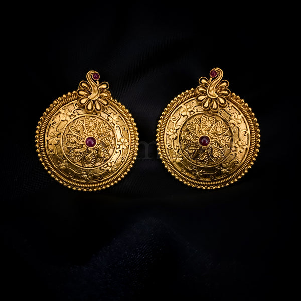 Traditional Antique Matte Gold Plated Stud Earring with Peacock Motif