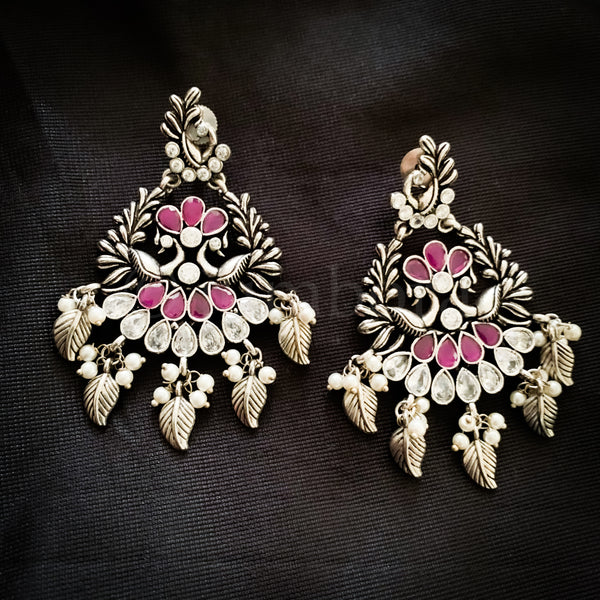 Fashionable Long Oxidized Silver Peacock Earring with Ruby red and White stones