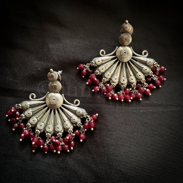 Trendy Unique Design Oxidized Silver Earring with Maroon red beads