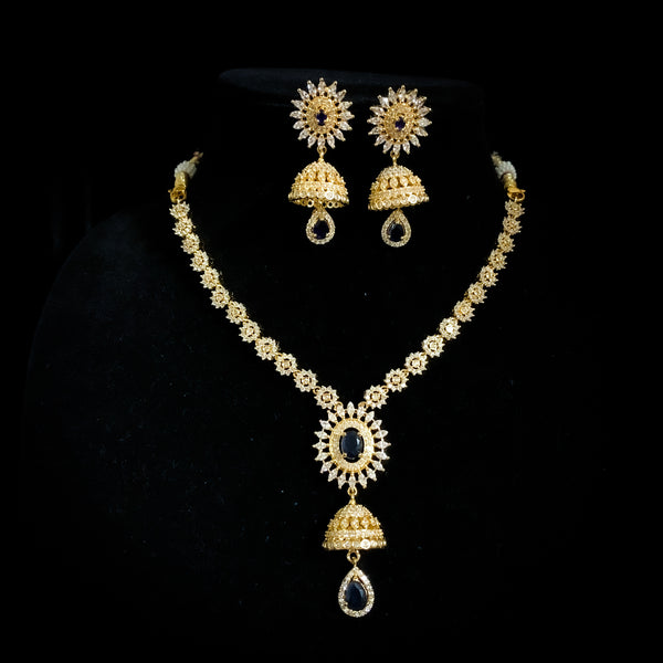 Elegant White and Blue Zircon (CZ) Stone Necklace with Jhumka Pendant