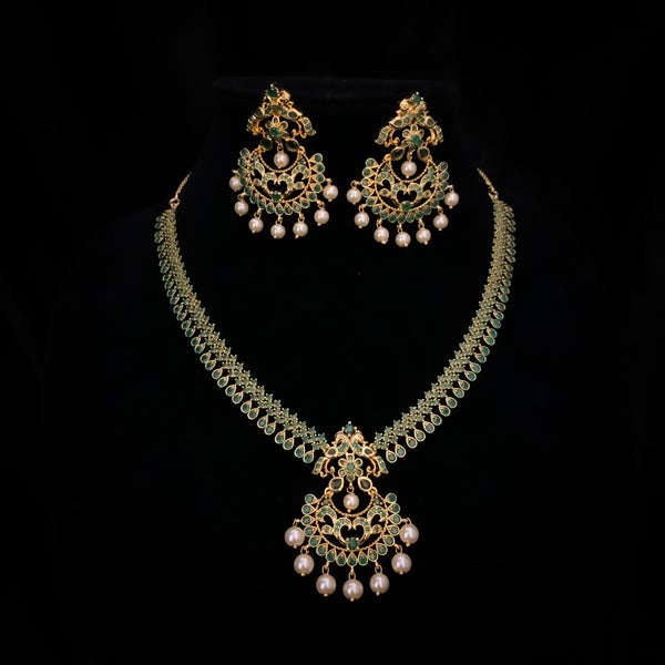 Emerald Green Zircon (CZ) Stone Necklace Set with Chaandbali Earring