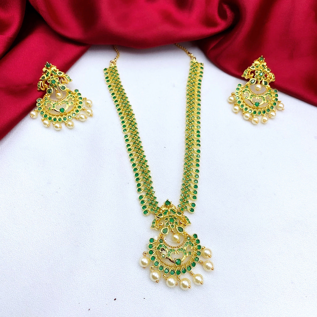 Emerald Green Zircon (CZ) Stone Necklace Set with Chaandbali Earring