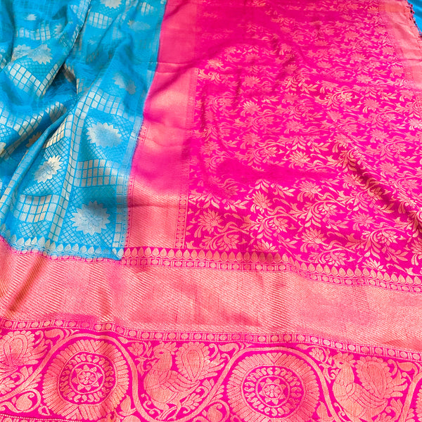 Graceful Kubera Pattu Silk Saree in Blue with Contrast Pink Rich pallu