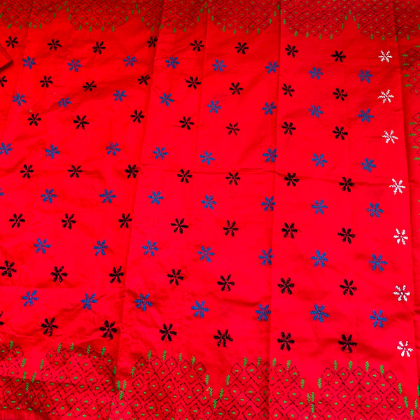 Bright Red Cotton Silk Saree with Kaantha Stitch embroidery work