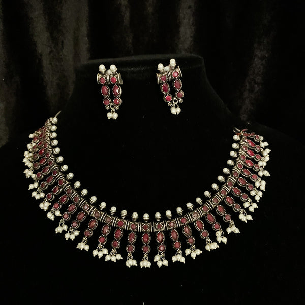 Trendy Oxidized Silver Necklace Set with Pearls