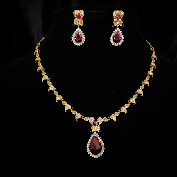 Elegant White, Red, Green Zircon (CZ) stone Necklace Set with Mango Design