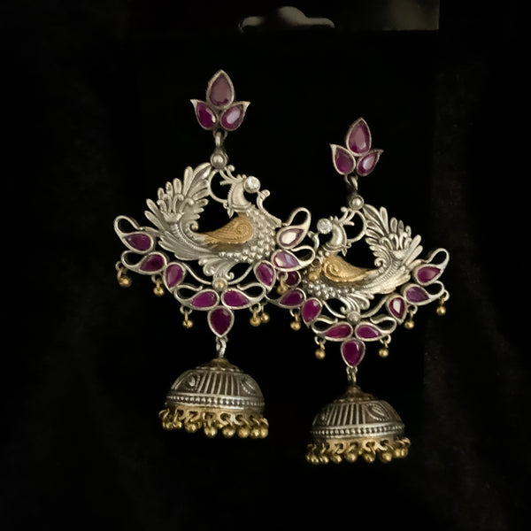 Beautiful Long Two tone Peacock design Ruby red Oxidized Silver Earring with jhumka