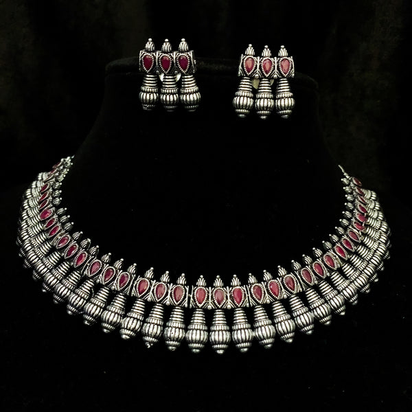 Trendy Oxidized Silver Choker style Jaipur Indian Necklace set wth red stones