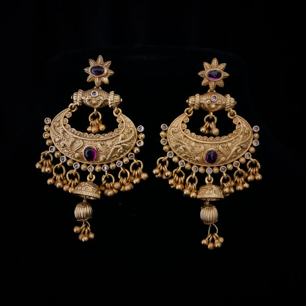 Traditional Antique Matte Gold Plated Chaandbali Earring with red Kemp stone