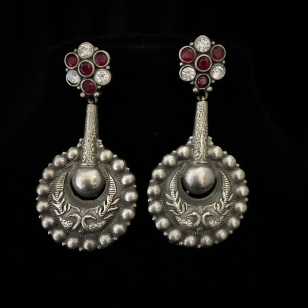 Contemporary Oxidized Silver Long Stylish Earring with Ruby red and White stone