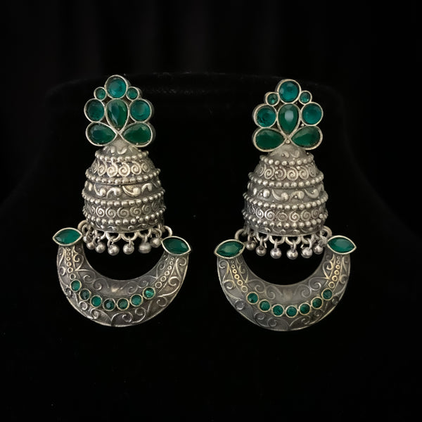 Modern Oxidized Silver Earring with Green stones