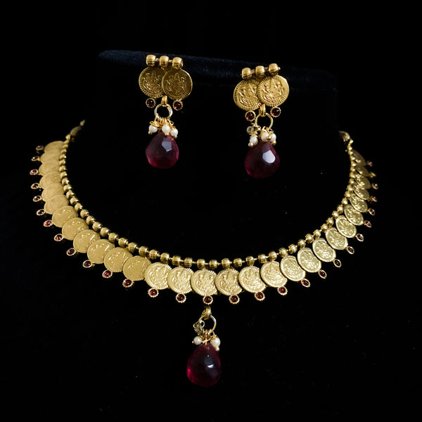 Traditional Lakshmi Coin Temple Necklace Set with Red stone