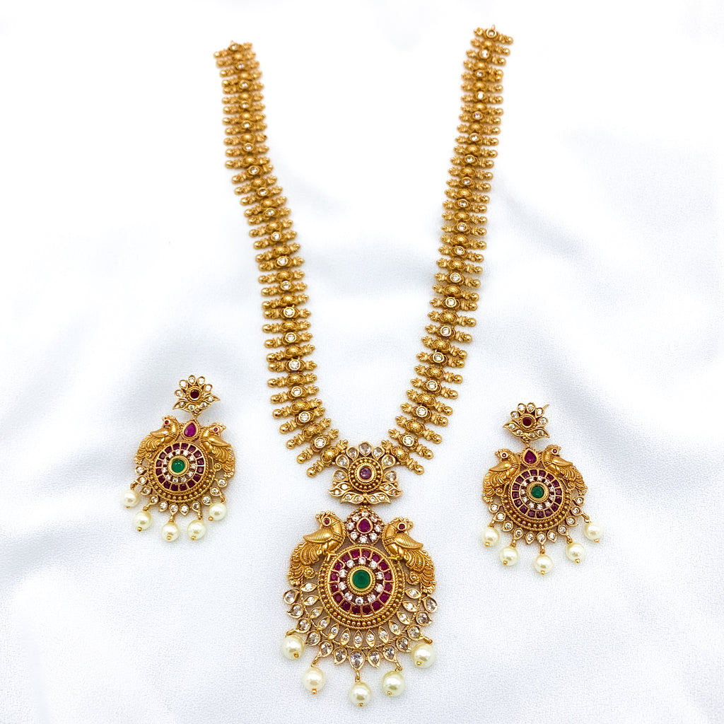 Traditional Antique Matte Gold polish Peacock Necklace Set