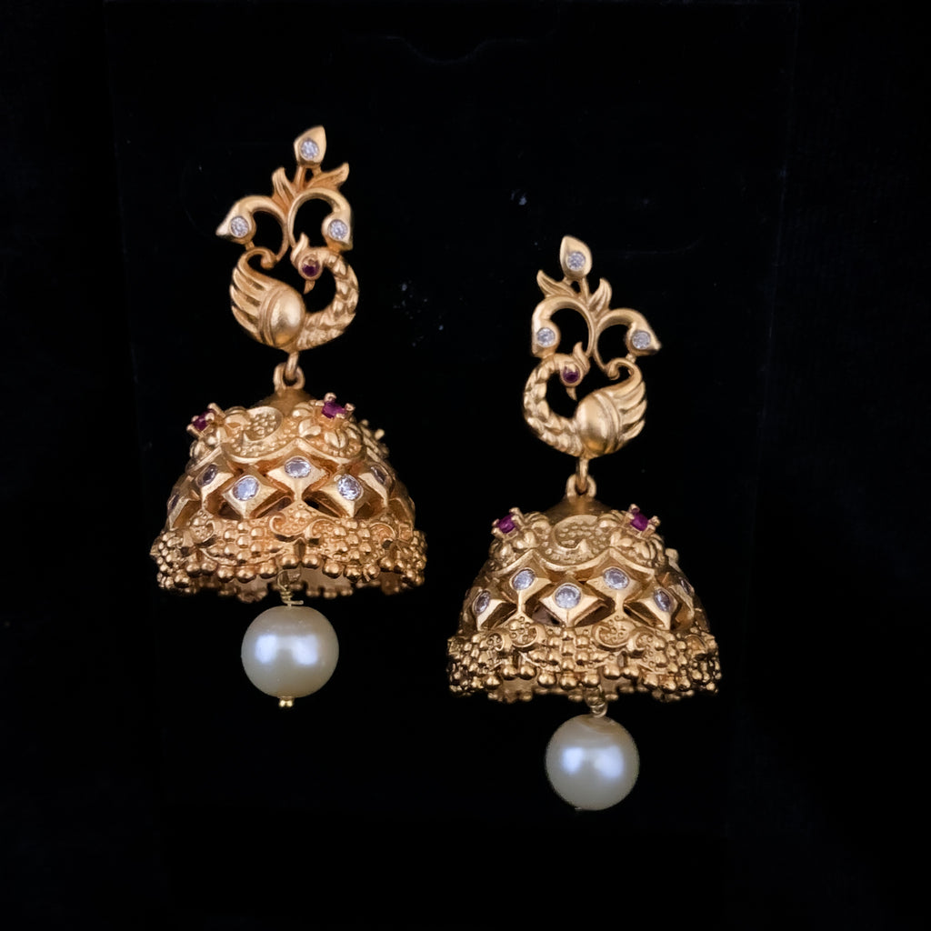 Beautiful Traditional Antique Matte Gold Peacock Jhumka Earring