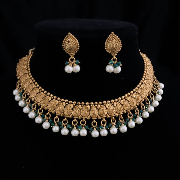 Antique matte Gold Traditional Mango Design Choker style Necklace Set with Pearl Dangles