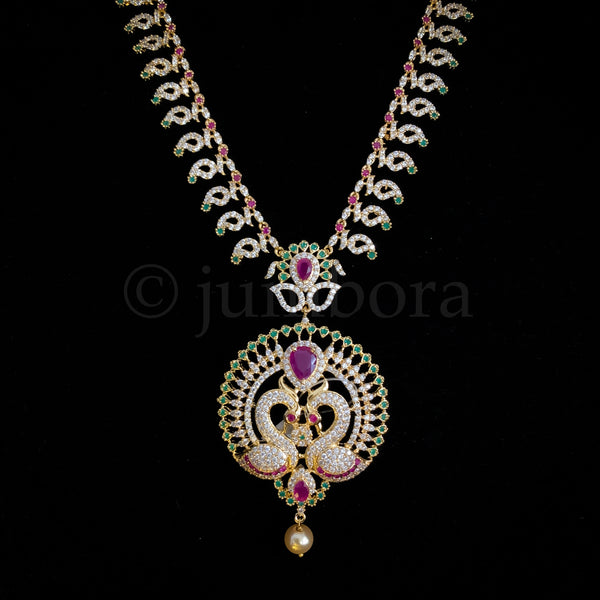 Mango and Peacock Designer Long Zircon (CZ) Stone Haaram set with Jhumka