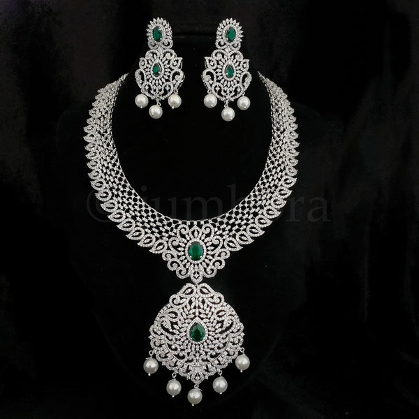 Breathtaking Bridal Zircon (CZ) Stone Necklace set in Diamond Finish with Emerald Green CZ stone