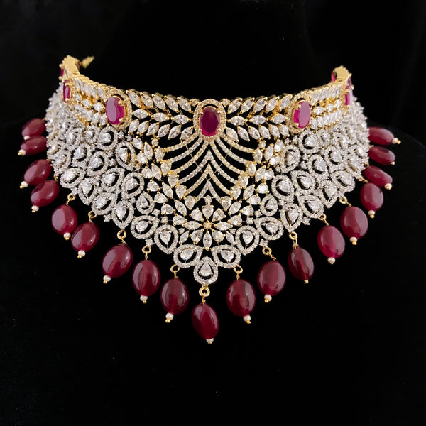 Bridal Heavy Zircon (CZ) Cubic Zirconia Stone Choker Necklace Set with Ruby Red stones