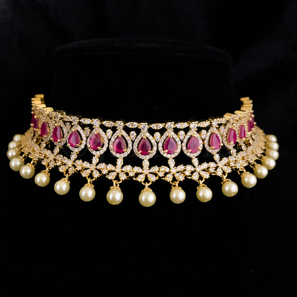 Glamarous Bridal Choker Necklace Set in Ruby Red and White Zircon (CZ) stones