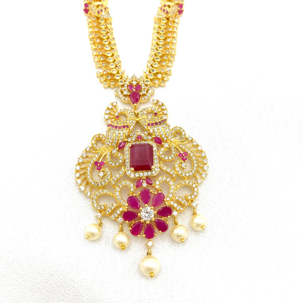 Elegant Traditional Zircon (CZ) stone Long Haaram Necklace in Peacock Design