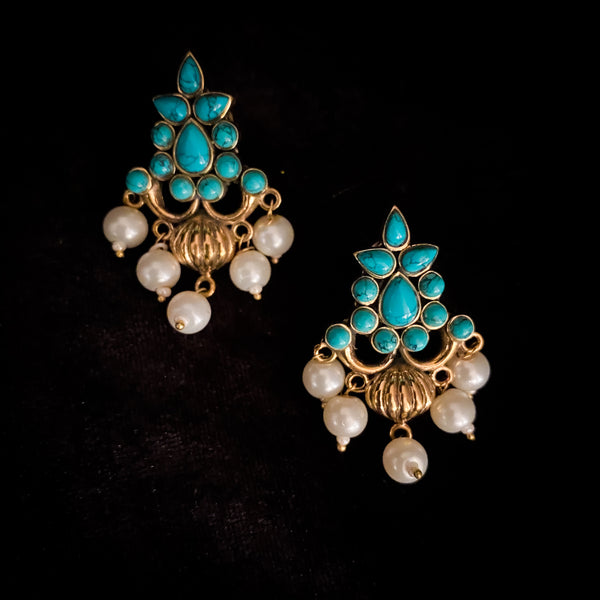 Exquisite Artisan Amrapali Victorian Style Antique gold Earring with Turquoise stones.