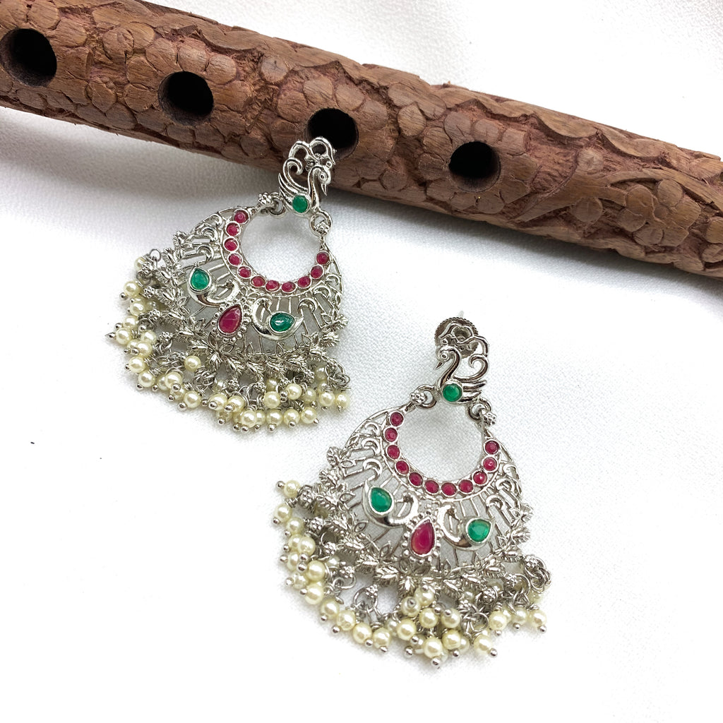 Beautiful Peacock and Kemp Oxidized Silver Earring with Pearl danglers