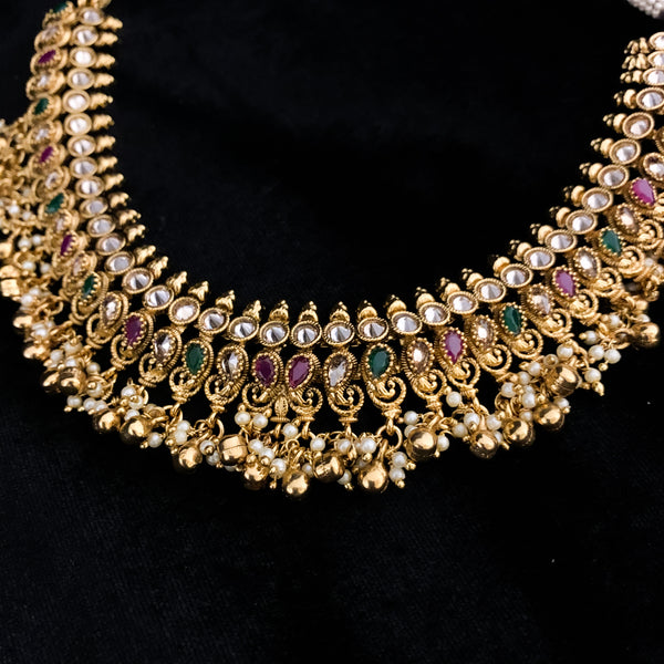 Exquisite Tradtional Mango Choker style Antique Necklace with Red, Green, and White stones