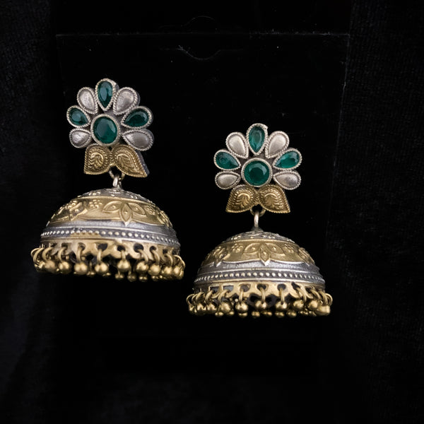 Stunning Dual Tone Oxidized Silver Jhumka with Green stones