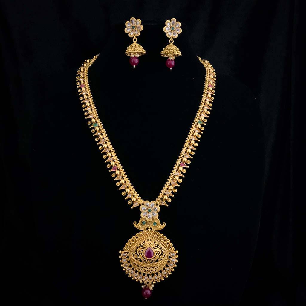 Exceptional Long Antique Matte Gold Necklace Set with LCD stones