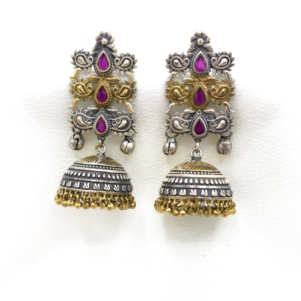 Fashionable Dual Tone Unique Long Oxidized Silver Jhumka Earring